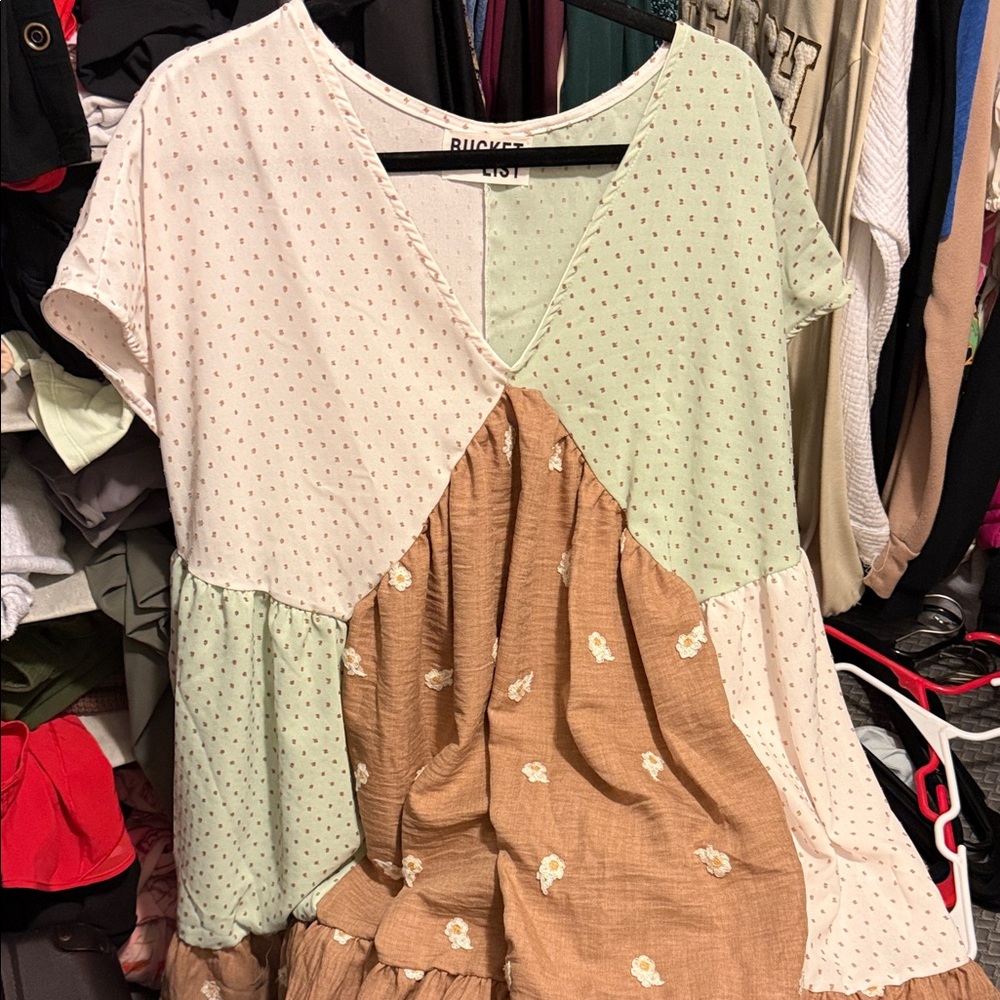 BUCKETLIST V-Neck Patchwork Blouse/dress in Cream, Green, and Tan